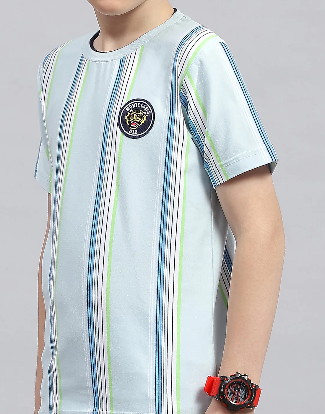 Boys Sky Blue Stripe Round Neck Half Sleeve T-Shirt - Image 6