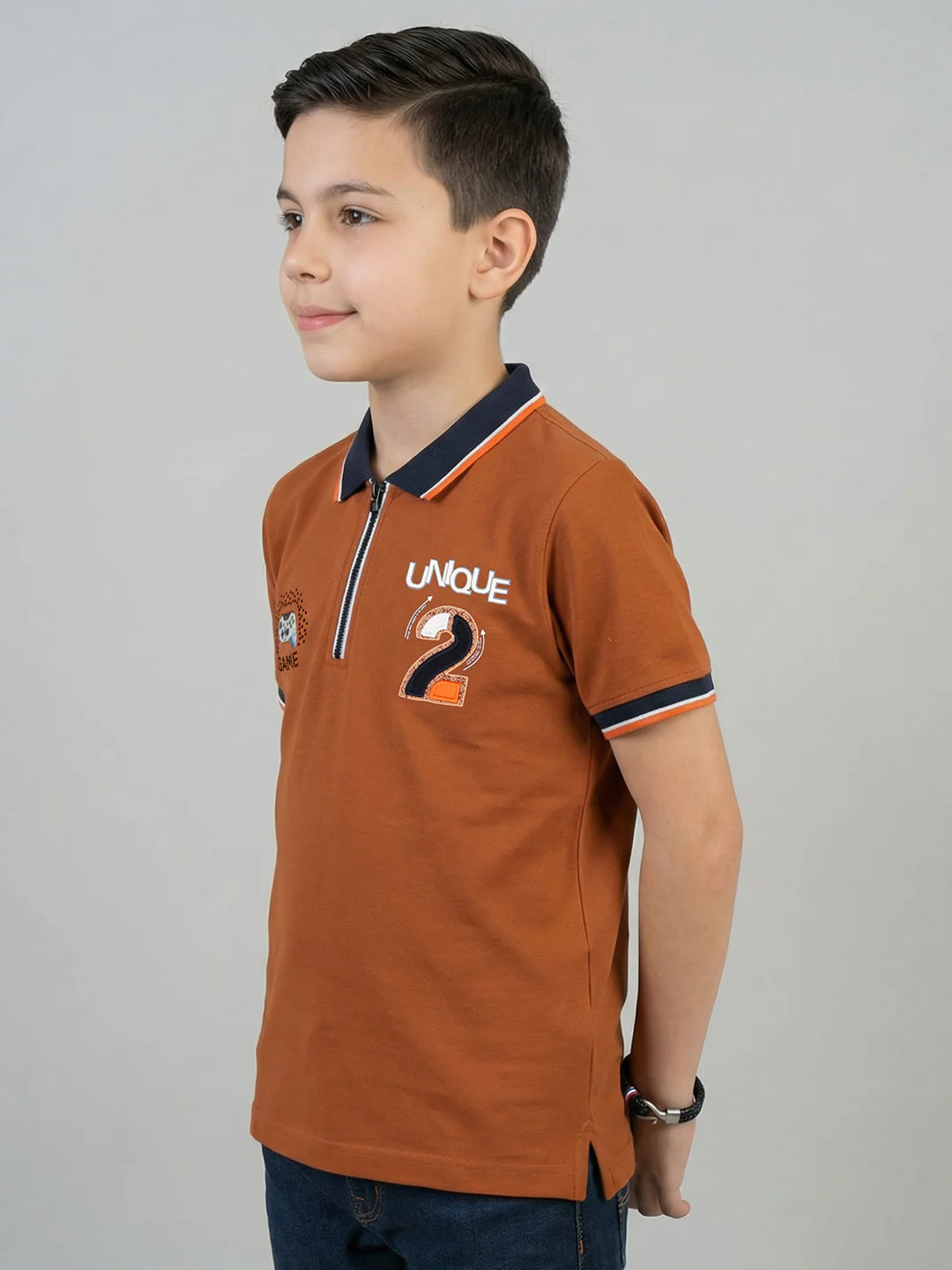 Boys Tan Printed Collar Half Sleeve T-Shirt - Image 2