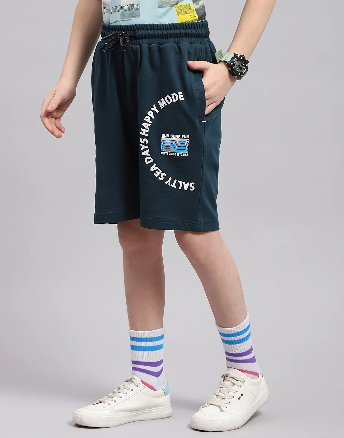 Boys Teal Blue Printed Bermuda - Image 3