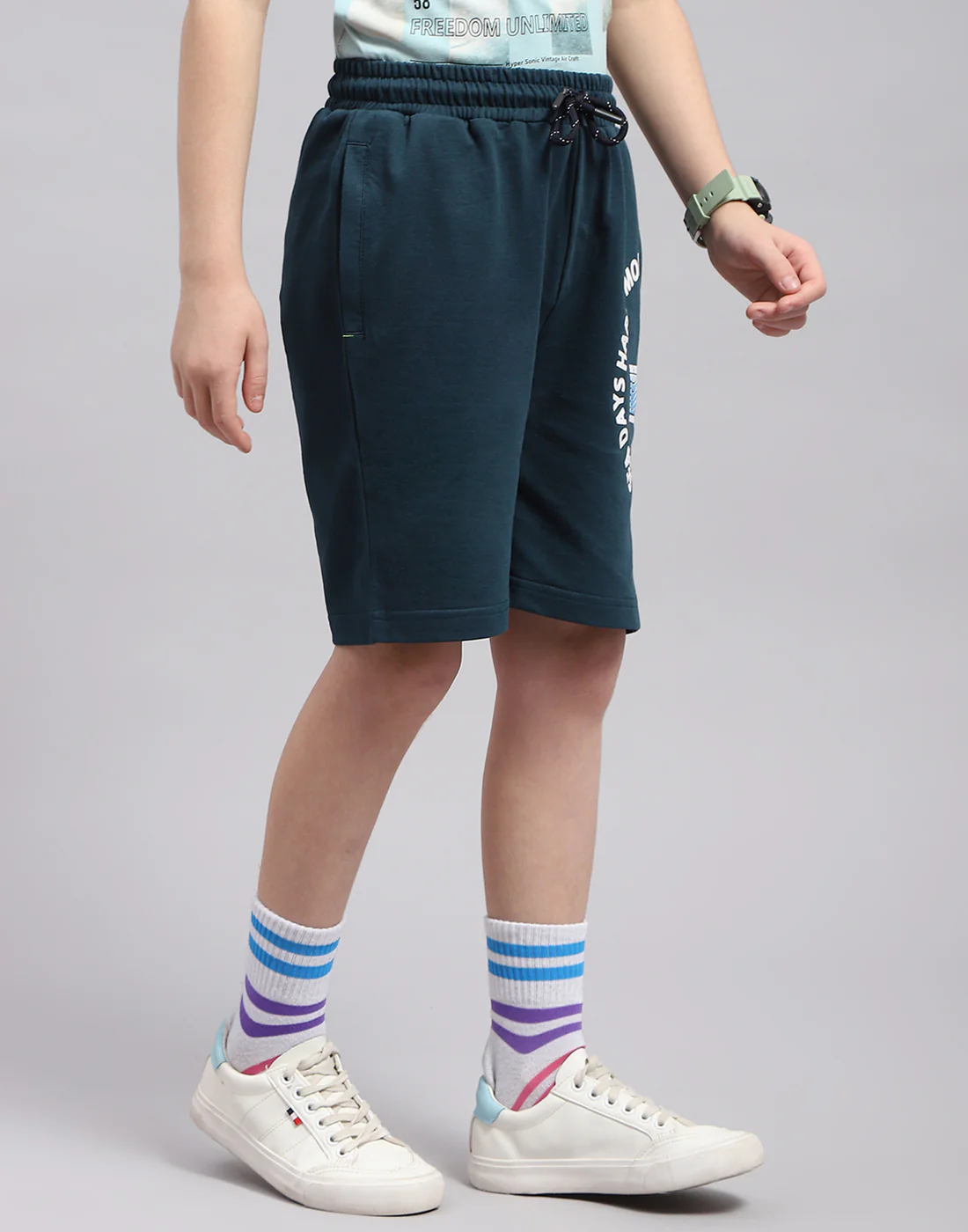 Boys Teal Blue Printed Bermuda - Image 4