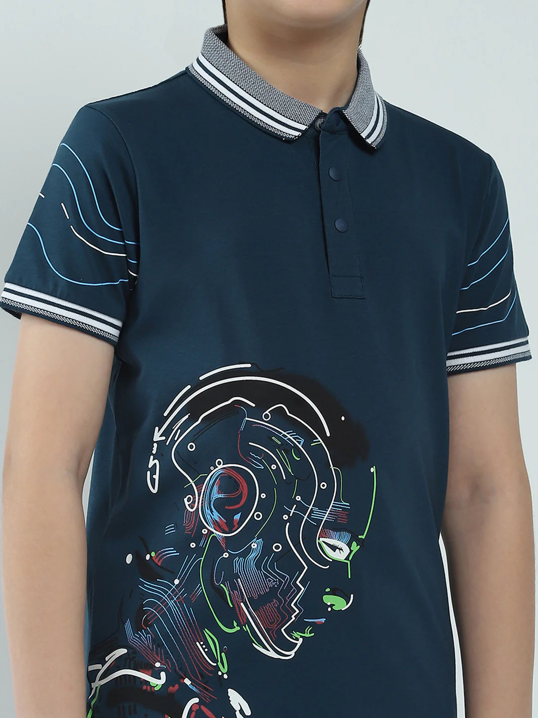 Boys Teal Blue Printed Collar Half Sleeve T-Shirt - Image 6