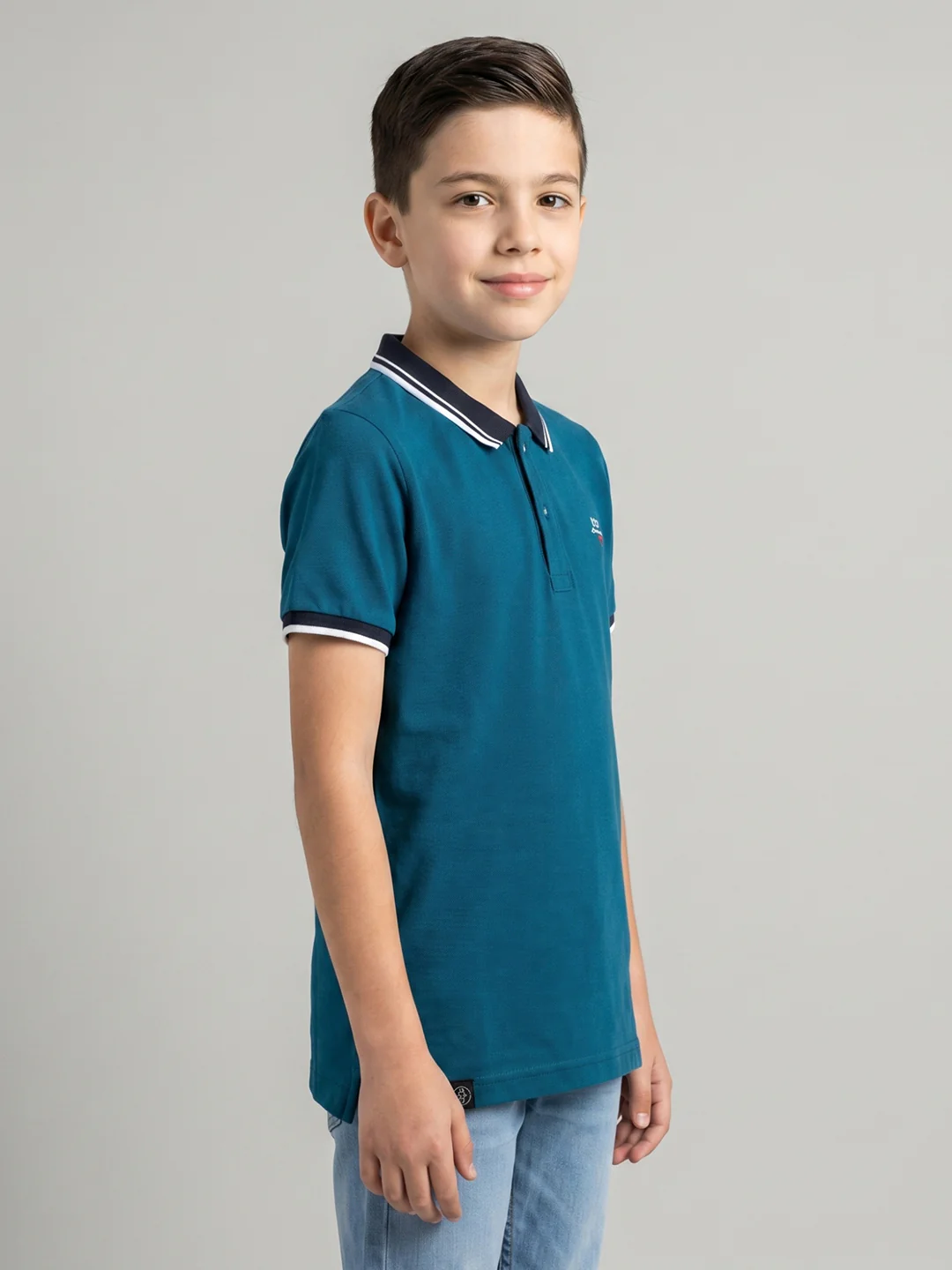 Boys Teal Blue Printed Collar Half Sleeve T-Shirt - Image 2