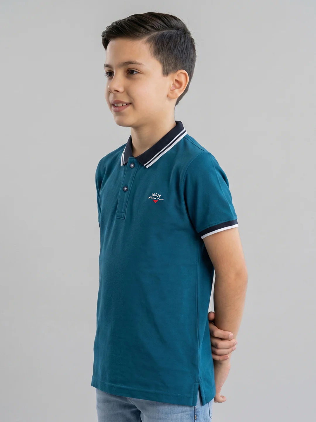 Boys Teal Blue Printed Collar Half Sleeve T-Shirt - Image 3