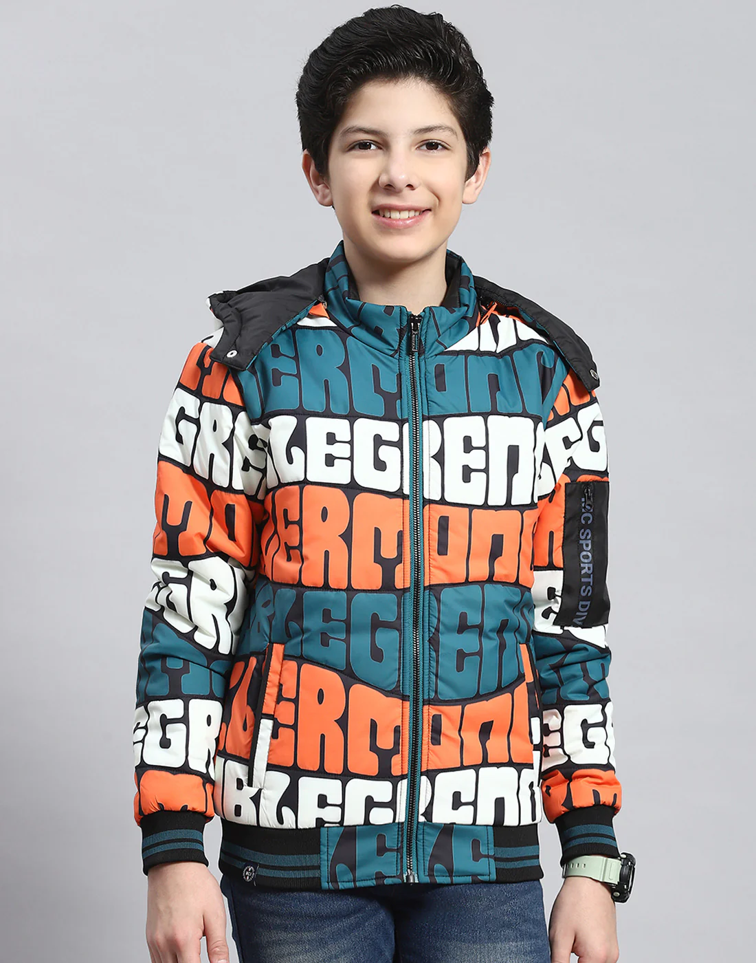 Boys Teal Blue Printed Hooded Full Sleeve Boys Jacket - Image 2