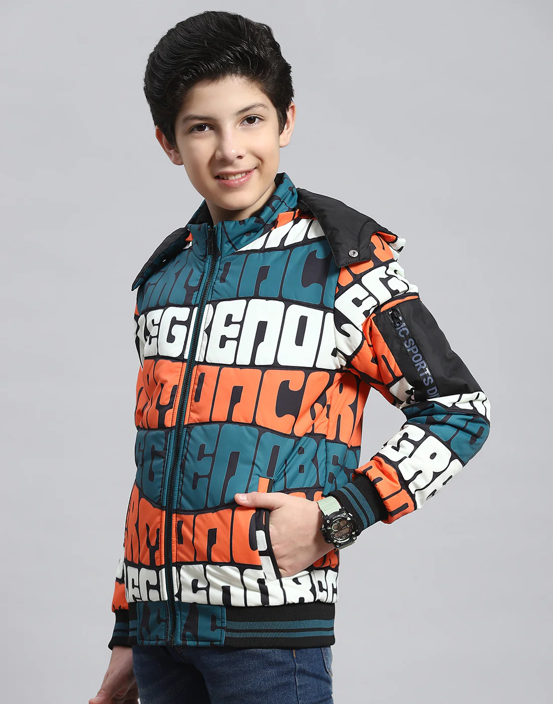 Boys Teal Blue Printed Hooded Full Sleeve Boys Jacket - Image 3