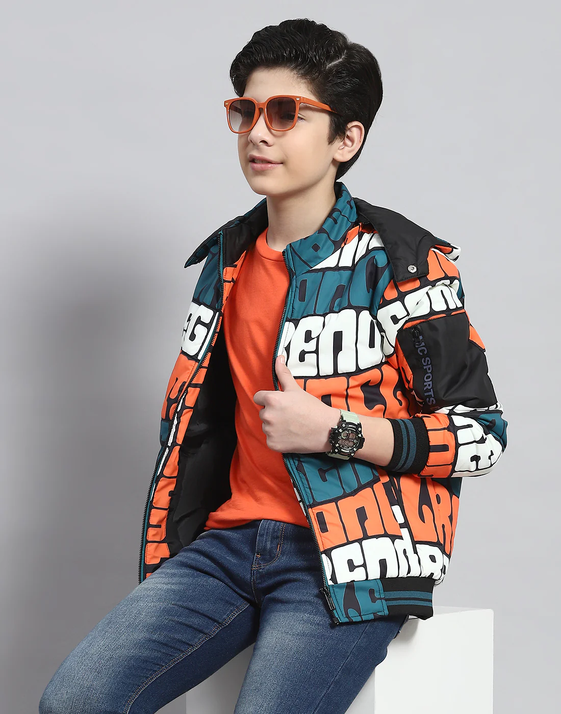 Boys Teal Blue Printed Hooded Full Sleeve Boys Jacket - Image 6