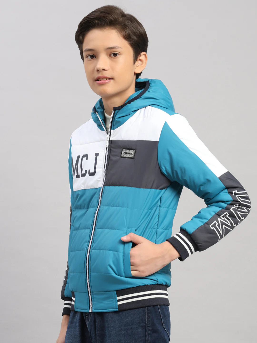 Boys Teal Blue Printed Hooded Full Sleeve Jacket - Image 3