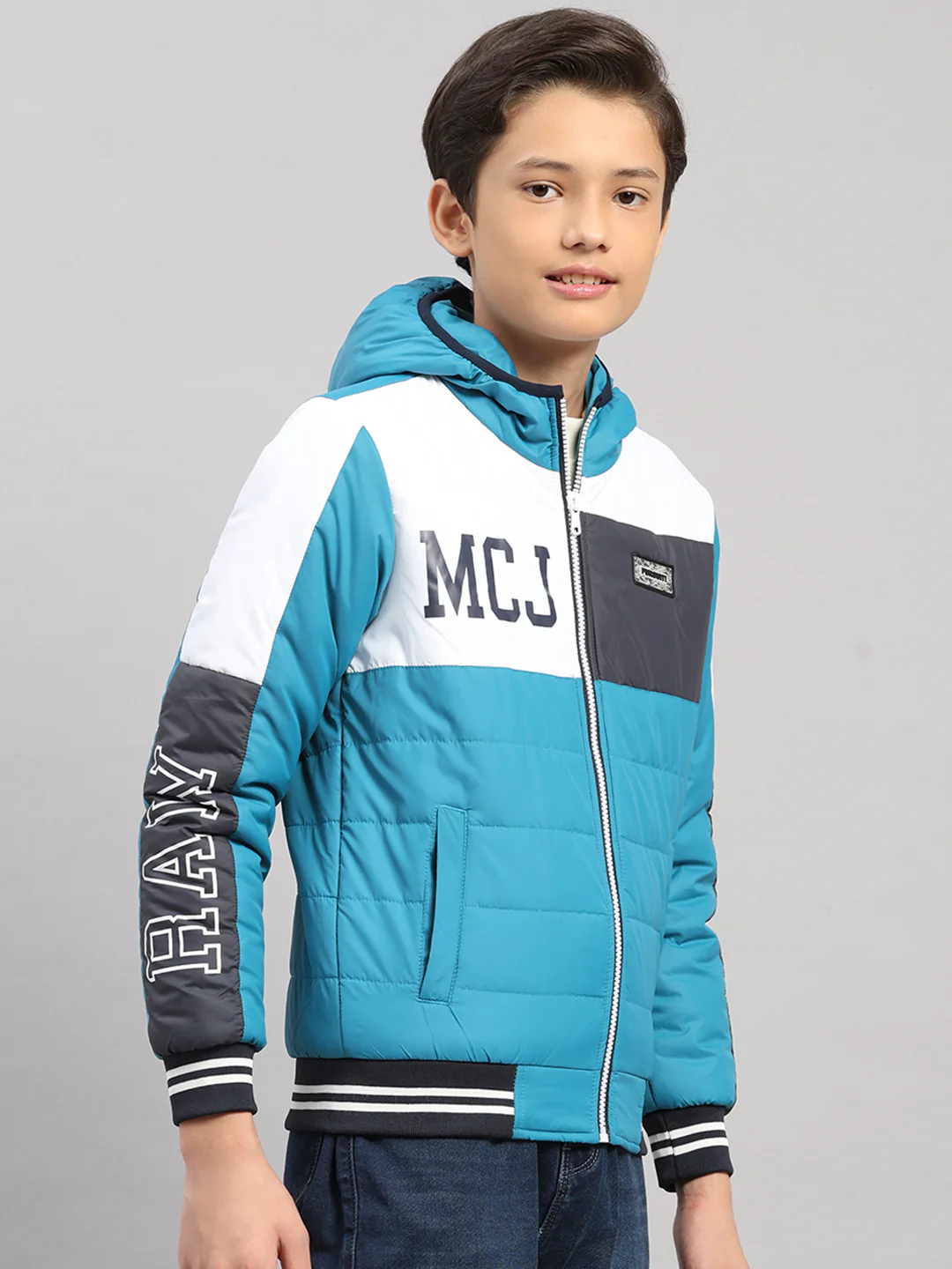 Boys Teal Blue Printed Hooded Full Sleeve Jacket - Image 4