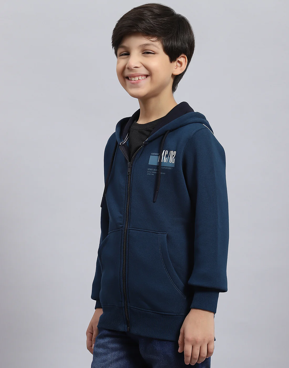 Boys Teal Blue Printed Hooded Full Sleeve Sweatshirt - Image 3