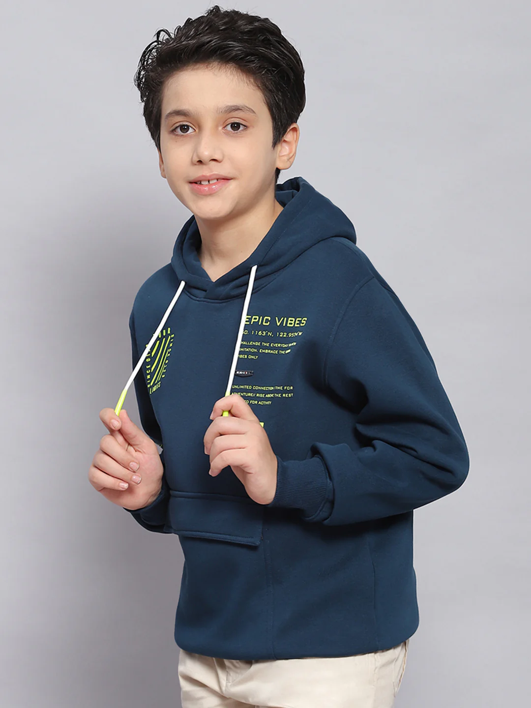 Boys Teal Blue Printed Hooded Full Sleeve Sweatshirt - Image 3