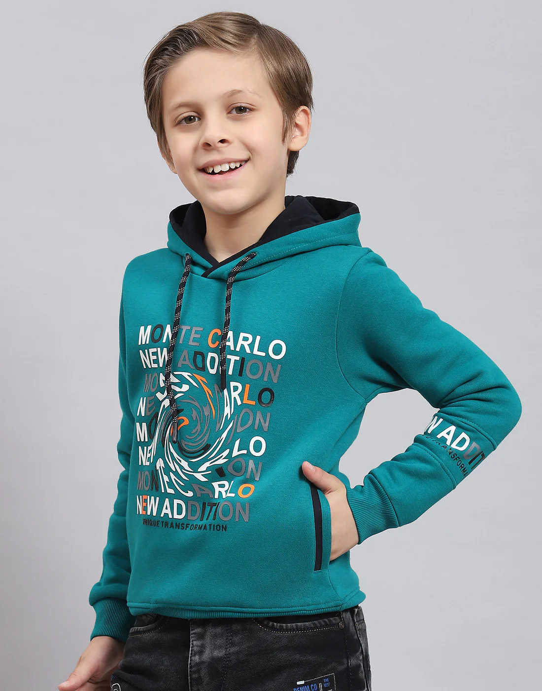 Boys Teal Blue Printed Hooded Full Sleeve Sweatshirt - Image 3