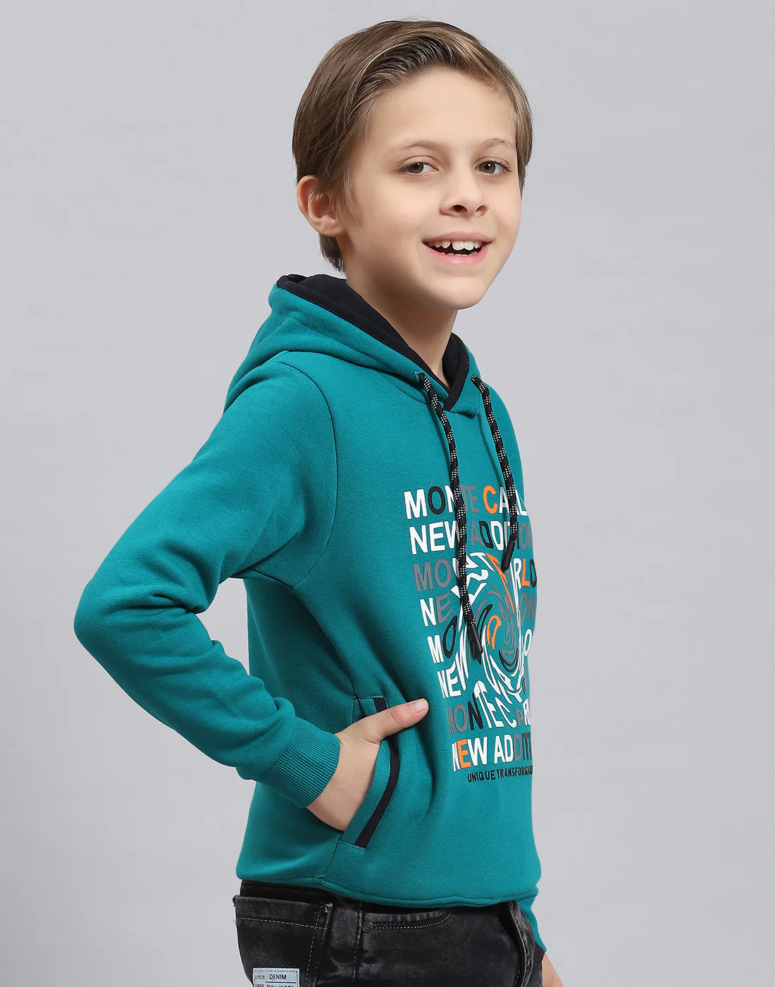 Boys Teal Blue Printed Hooded Full Sleeve Sweatshirt - Image 4
