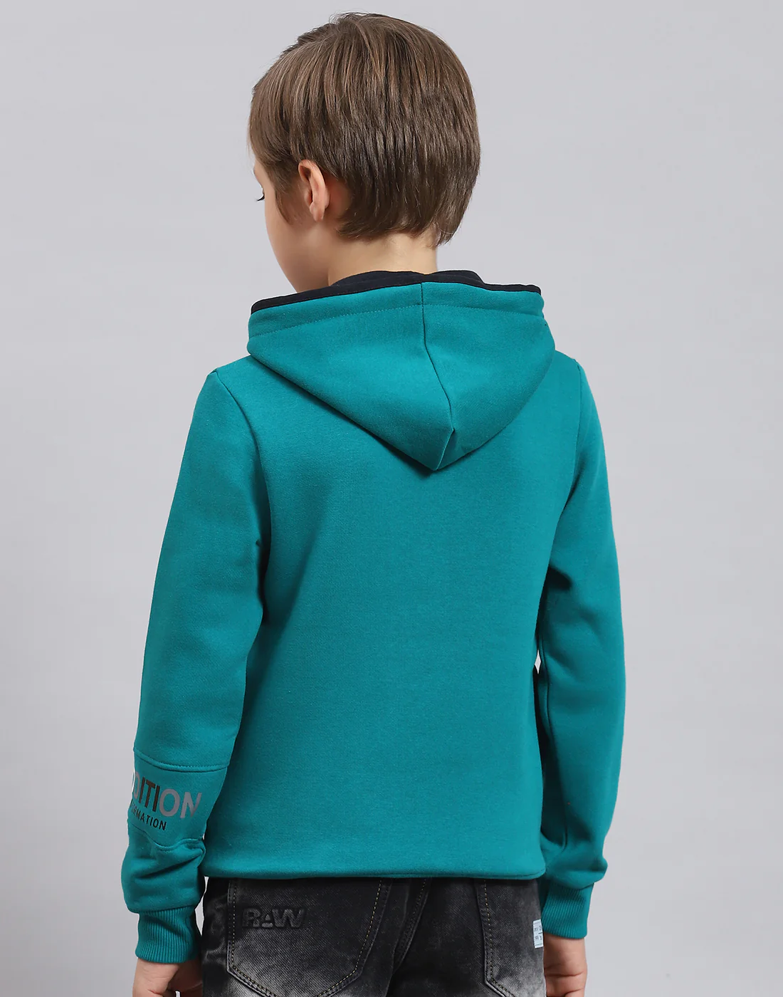 Boys Teal Blue Printed Hooded Full Sleeve Sweatshirt - Image 6