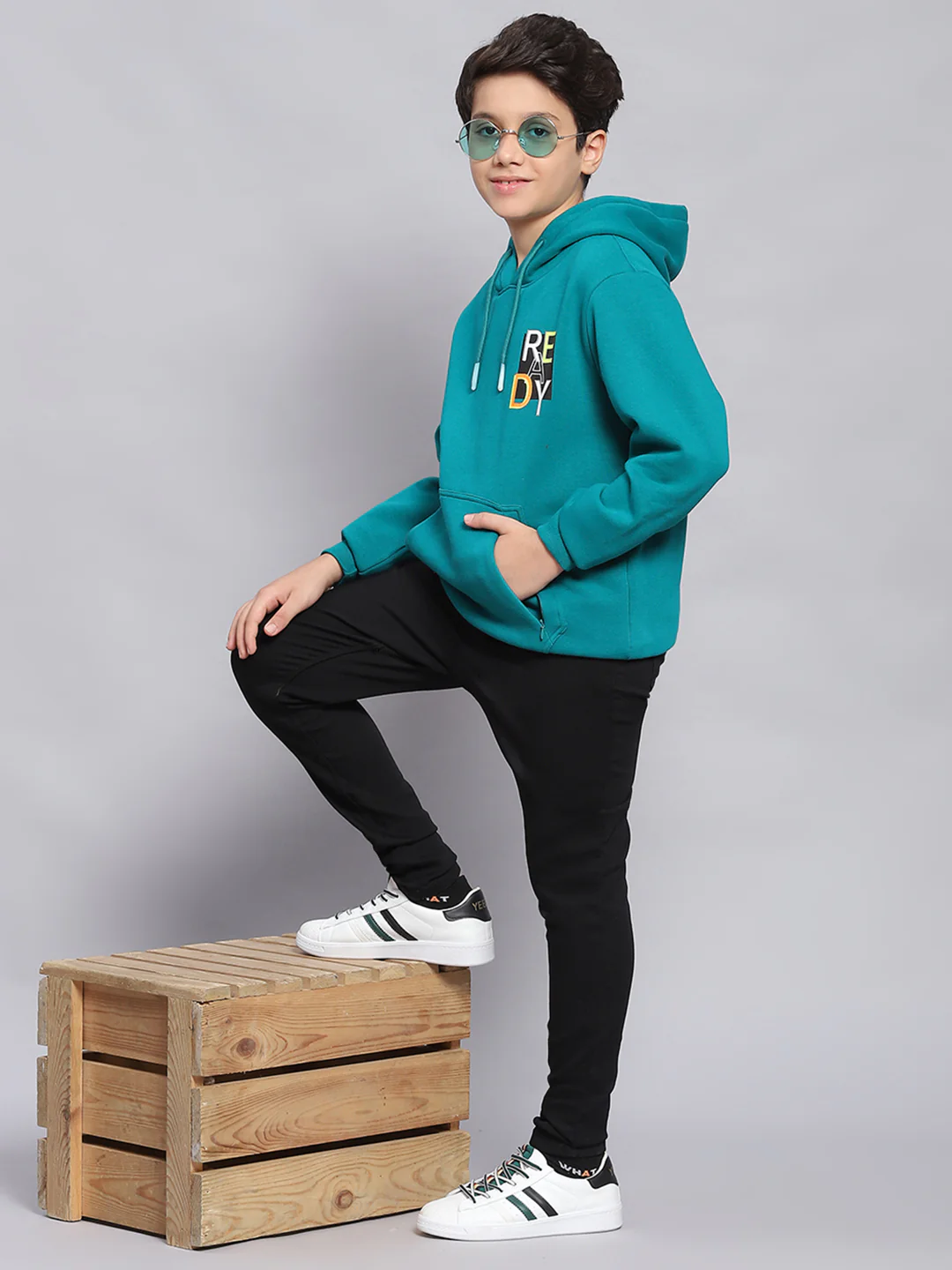 Boys Teal Blue Printed Hooded Full Sleeve Sweatshirt - Image 2