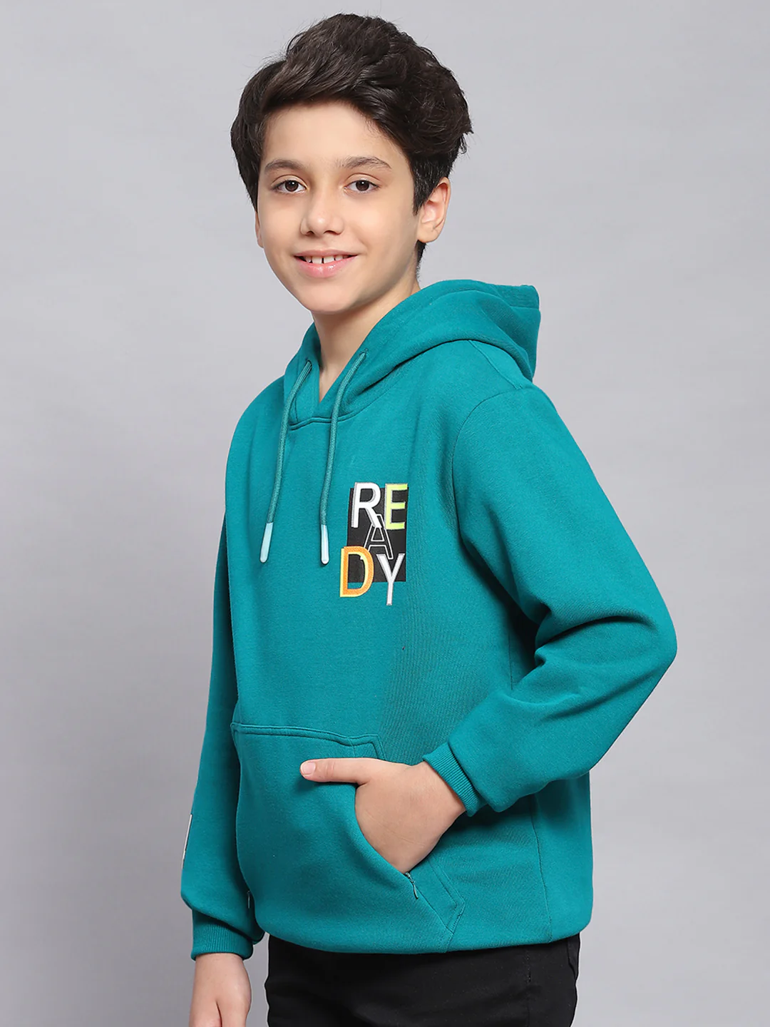 Boys Teal Blue Printed Hooded Full Sleeve Sweatshirt - Image 3