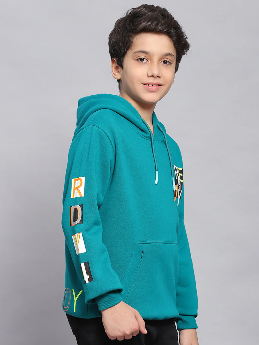 Boys Teal Blue Printed Hooded Full Sleeve Sweatshirt - Image 4