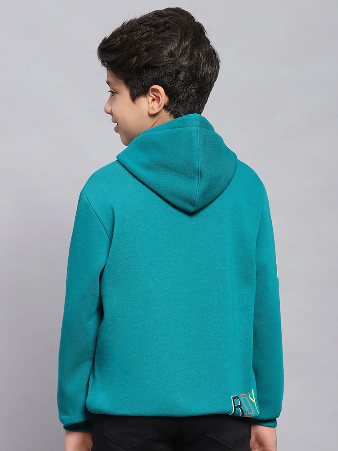 Boys Teal Blue Printed Hooded Full Sleeve Sweatshirt - Image 5