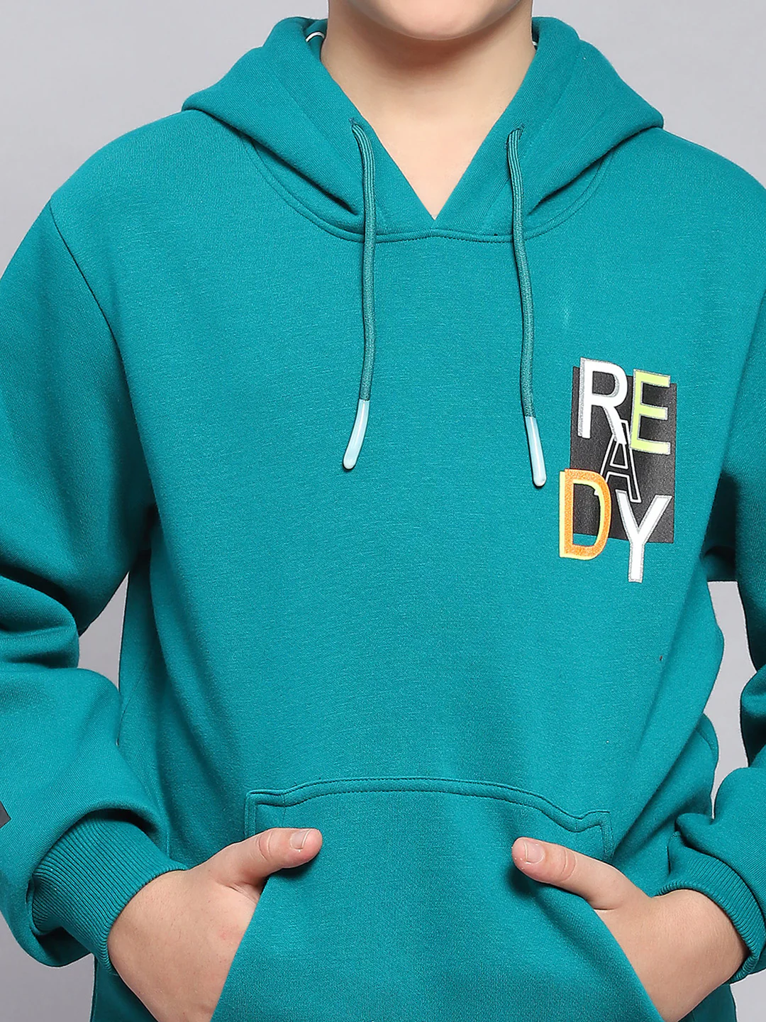 Boys Teal Blue Printed Hooded Full Sleeve Sweatshirt - Image 6