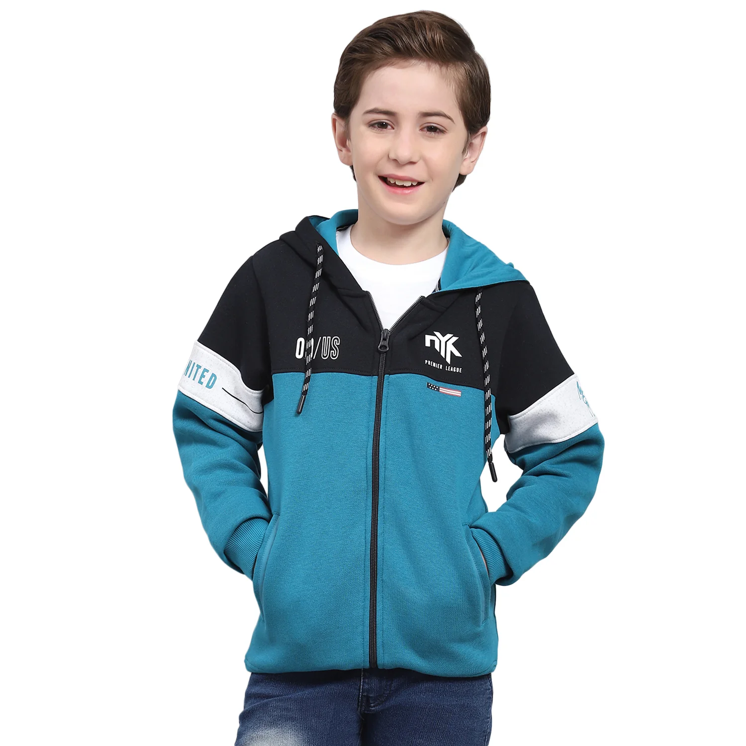 Boys Teal Blue Printed Hooded Full Sleeve Sweatshirt - Image 5