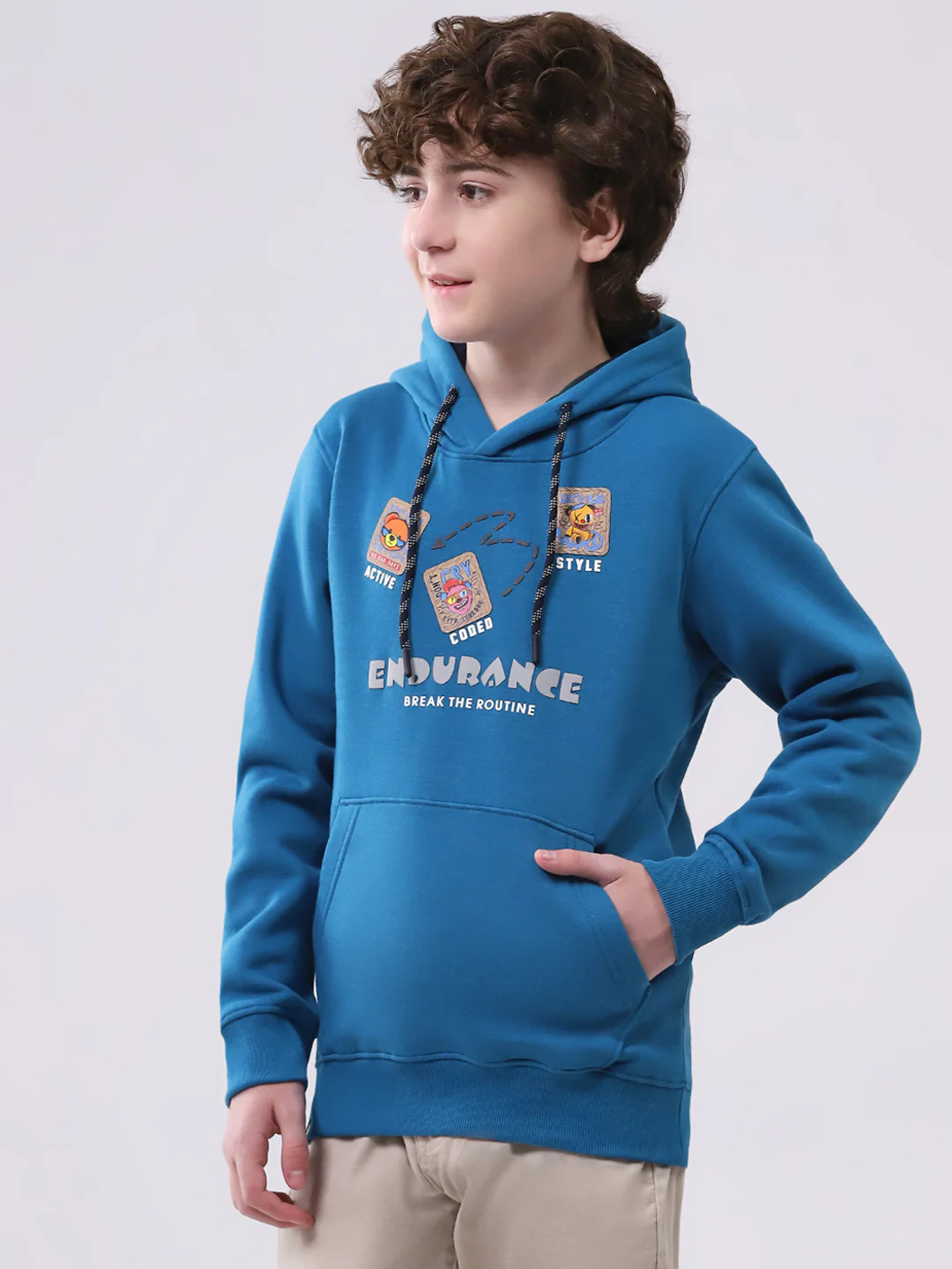 Boys Teal Blue Printed Hooded Full Sleeve Sweatshirt - Image 3