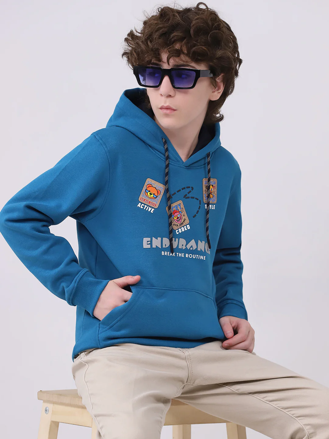 Boys Teal Blue Printed Hooded Full Sleeve Sweatshirt - Image 6
