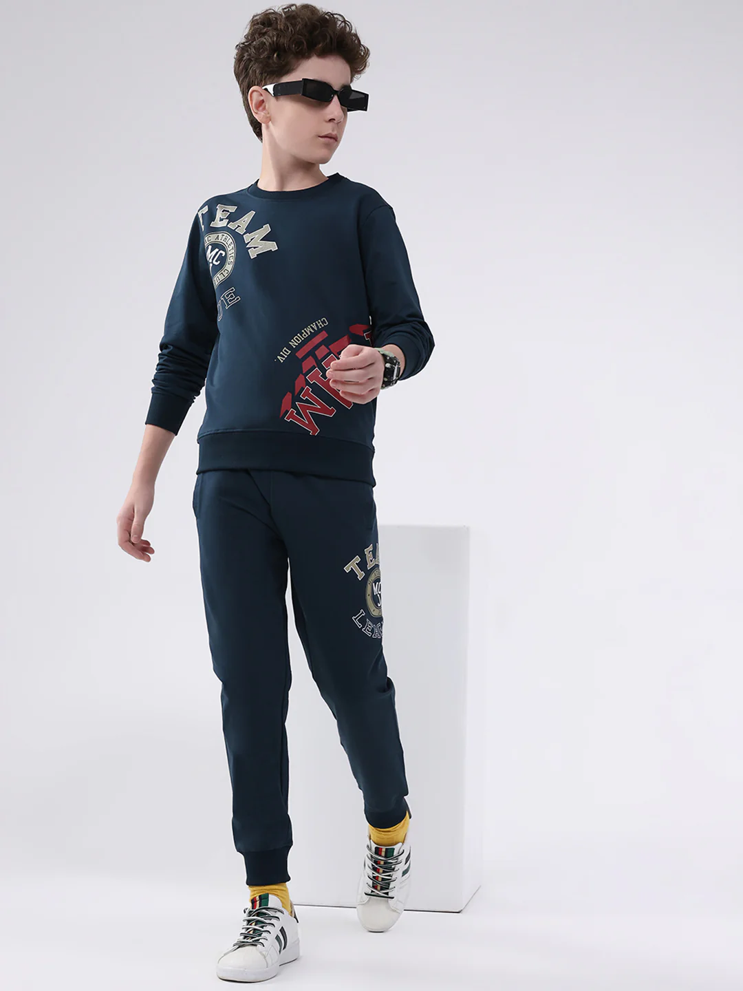 Boys Teal Blue Printed Round Neck Full Sleeve Cords Set - Image 2