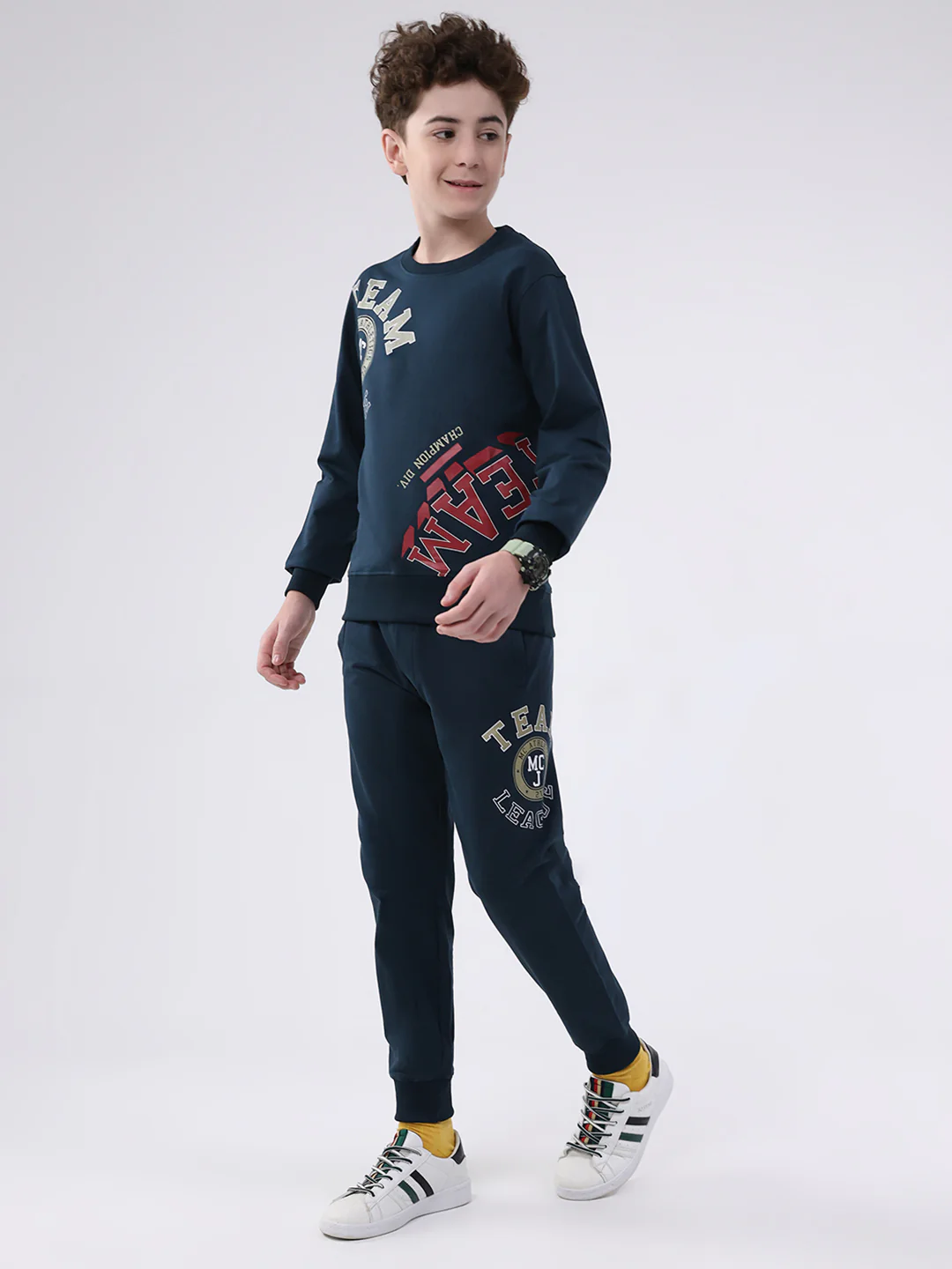 Boys Teal Blue Printed Round Neck Full Sleeve Cords Set - Image 3