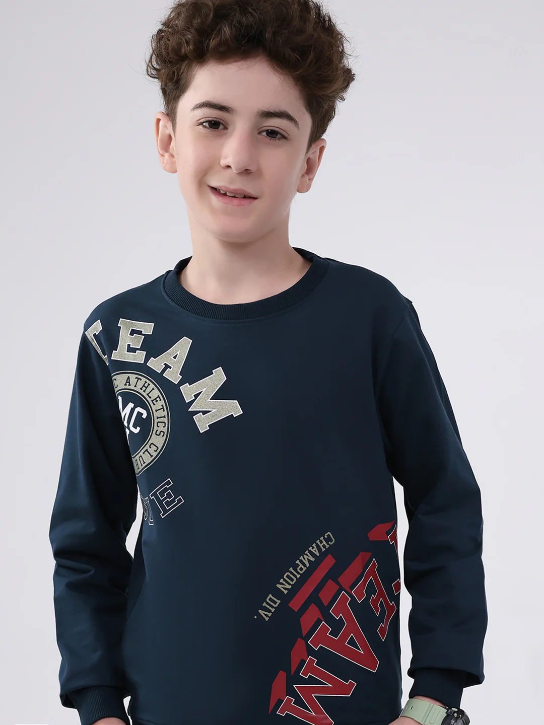 Boys Teal Blue Printed Round Neck Full Sleeve Cords Set - Image 7