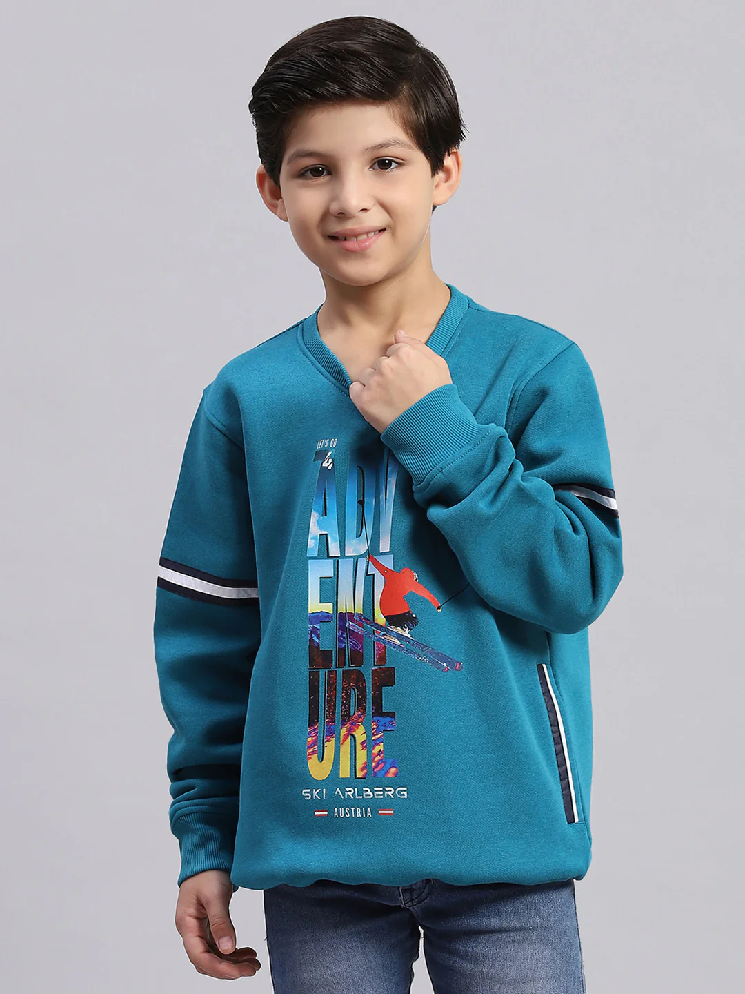 Boys Teal Blue Printed Round Neck Full Sleeve Sweatshirt - Image 3