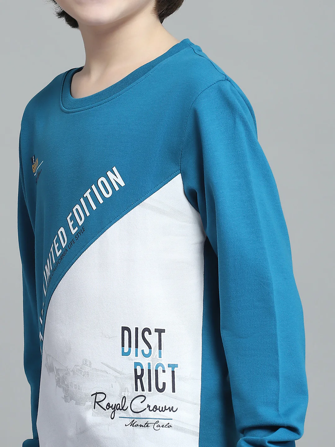 Boys Teal Blue Printed Round Neck Full Sleeve Sweatshirt - Image 6