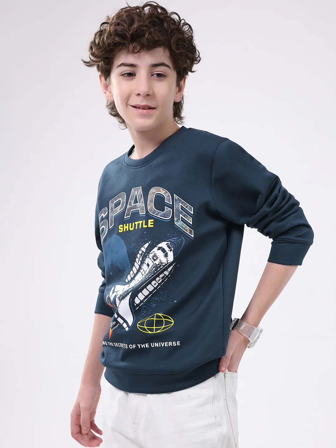 Boys Teal Blue Printed Round Neck Full Sleeve Sweatshirt - Image 3