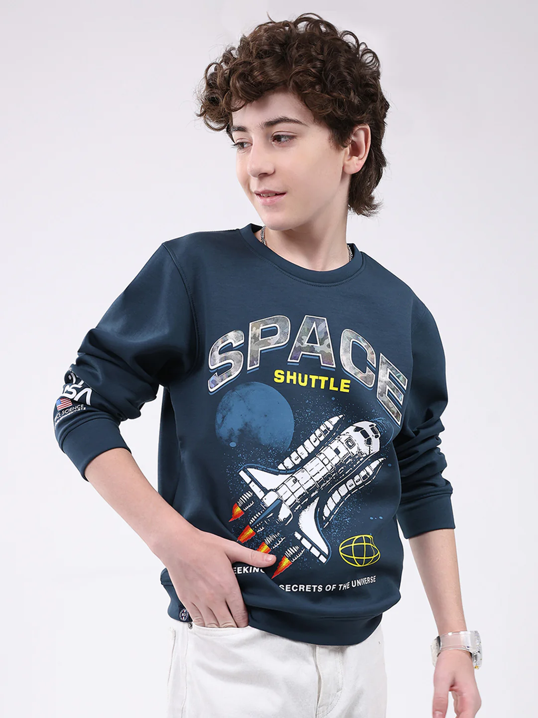 Boys Teal Blue Printed Round Neck Full Sleeve Sweatshirt - Image 4