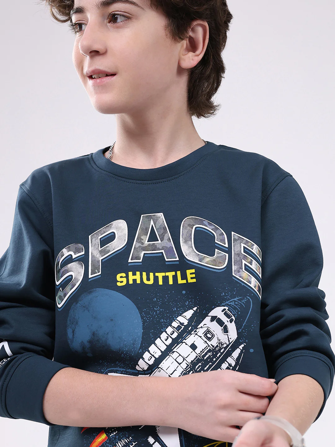 Boys Teal Blue Printed Round Neck Full Sleeve Sweatshirt - Image 6