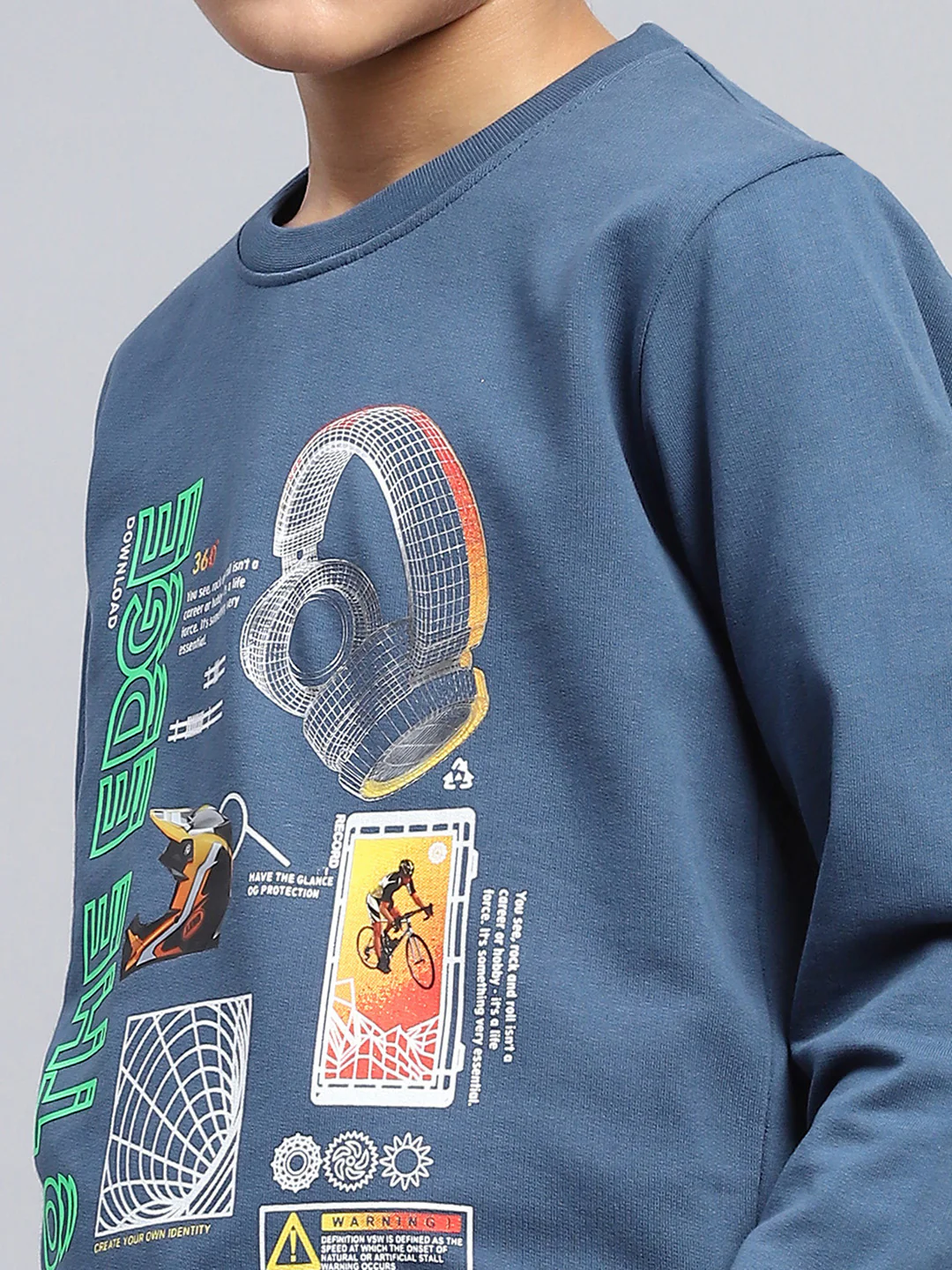 Boys Teal Blue Printed Round Neck Full Sleeve T-Shirt - Image 6