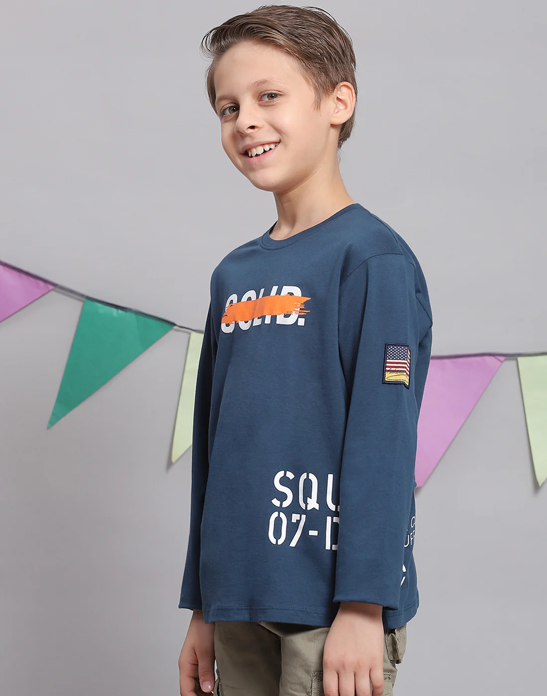 Boys Teal Blue Printed Round Neck Full Sleeve T-Shirts - Image 4
