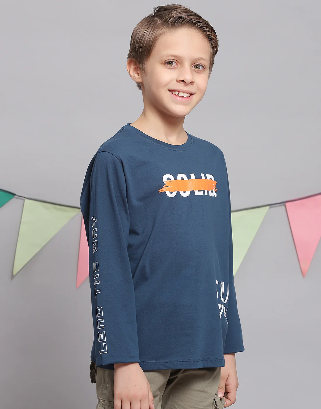 Boys Teal Blue Printed Round Neck Full Sleeve T-Shirts - Image 5
