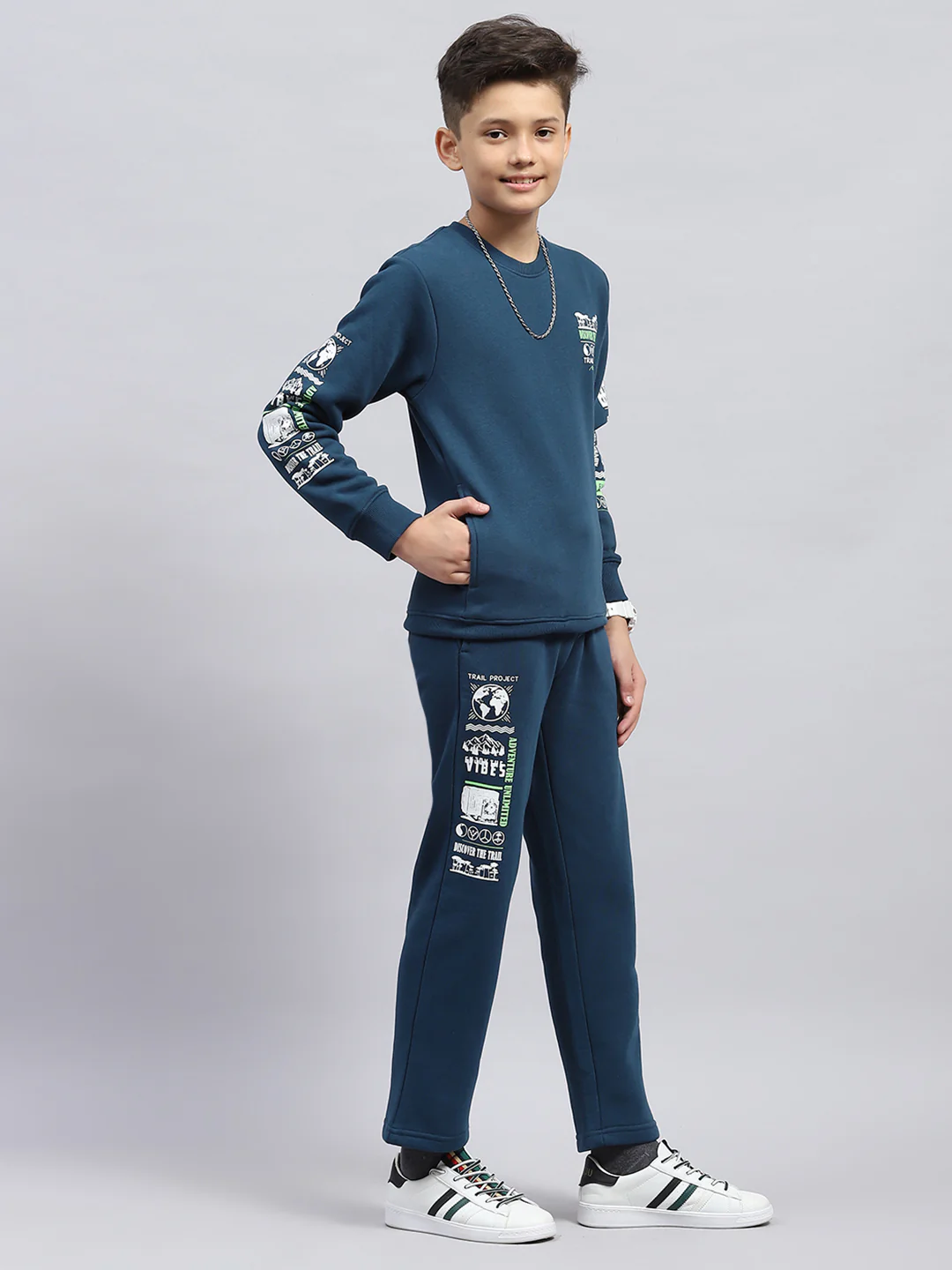 Boys Teal Blue Printed Round Neck Full Sleeve Tracksuit - Image 4