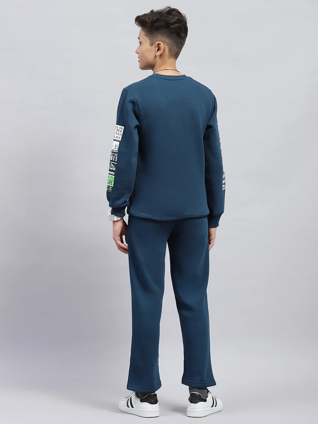 Boys Teal Blue Printed Round Neck Full Sleeve Tracksuit - Image 5