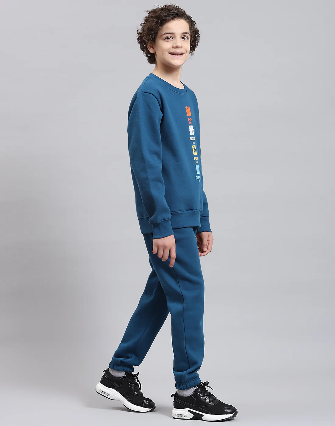 Boys Teal Blue Printed Round Neck Full Sleeve Tracksuits - Image 4