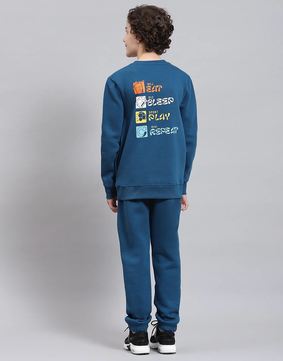 Boys Teal Blue Printed Round Neck Full Sleeve Tracksuits - Image 5