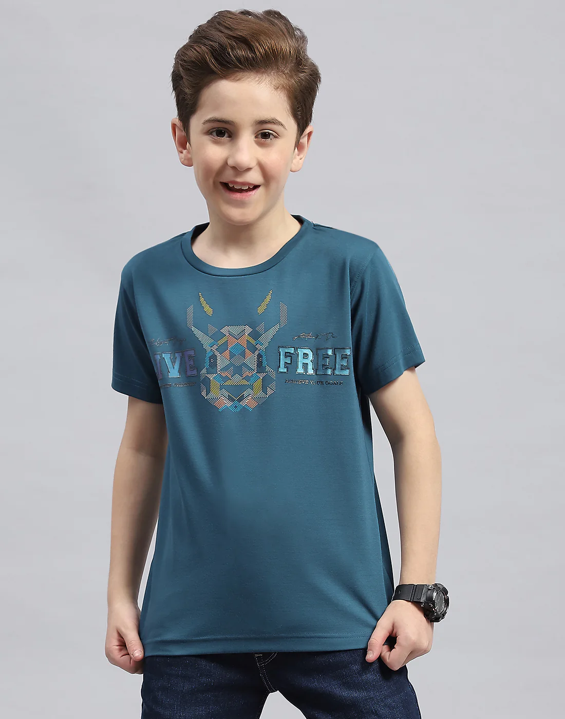 Boys Teal Blue Printed Round Neck Half Sleeve T-Shirt - Image 2