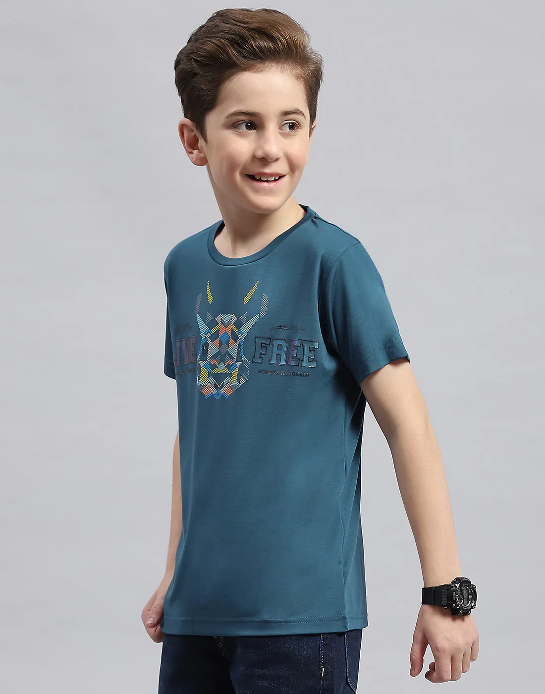 Boys Teal Blue Printed Round Neck Half Sleeve T-Shirt - Image 3