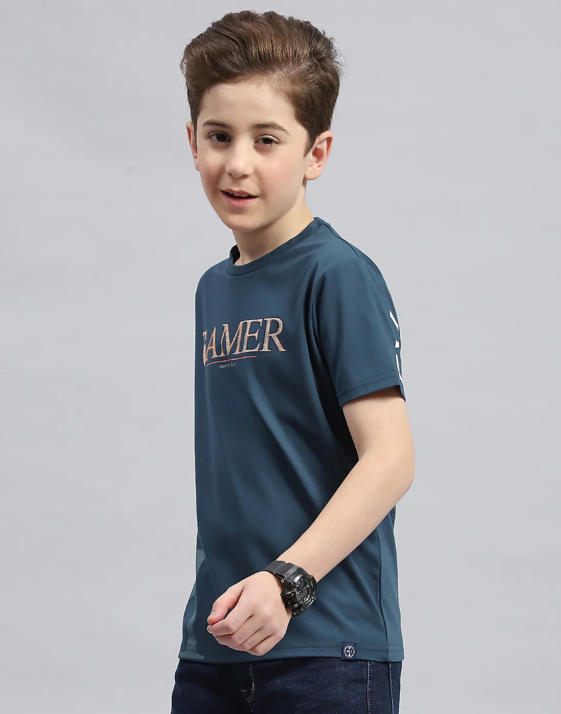 Boys Teal Blue Printed Round Neck Half Sleeve T-Shirt - Image 3