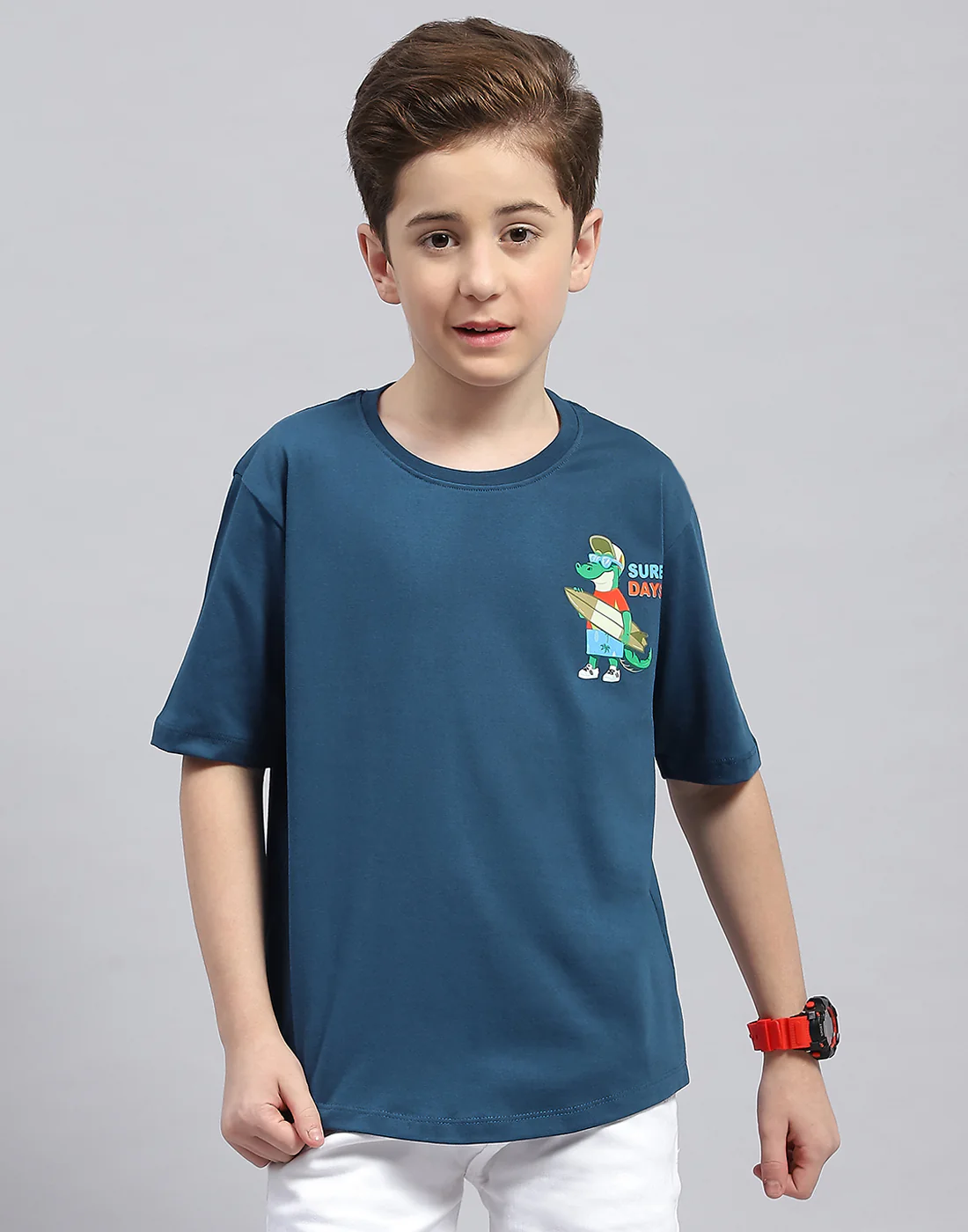 Boys Teal Blue Printed Round Neck Half Sleeve T-Shirt - Image 2
