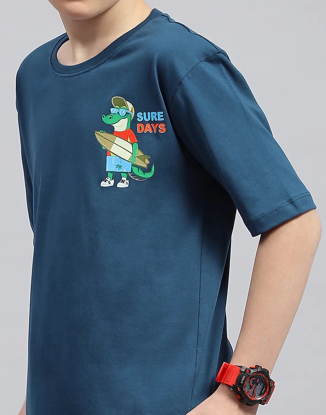 Boys Teal Blue Printed Round Neck Half Sleeve T-Shirt - Image 7