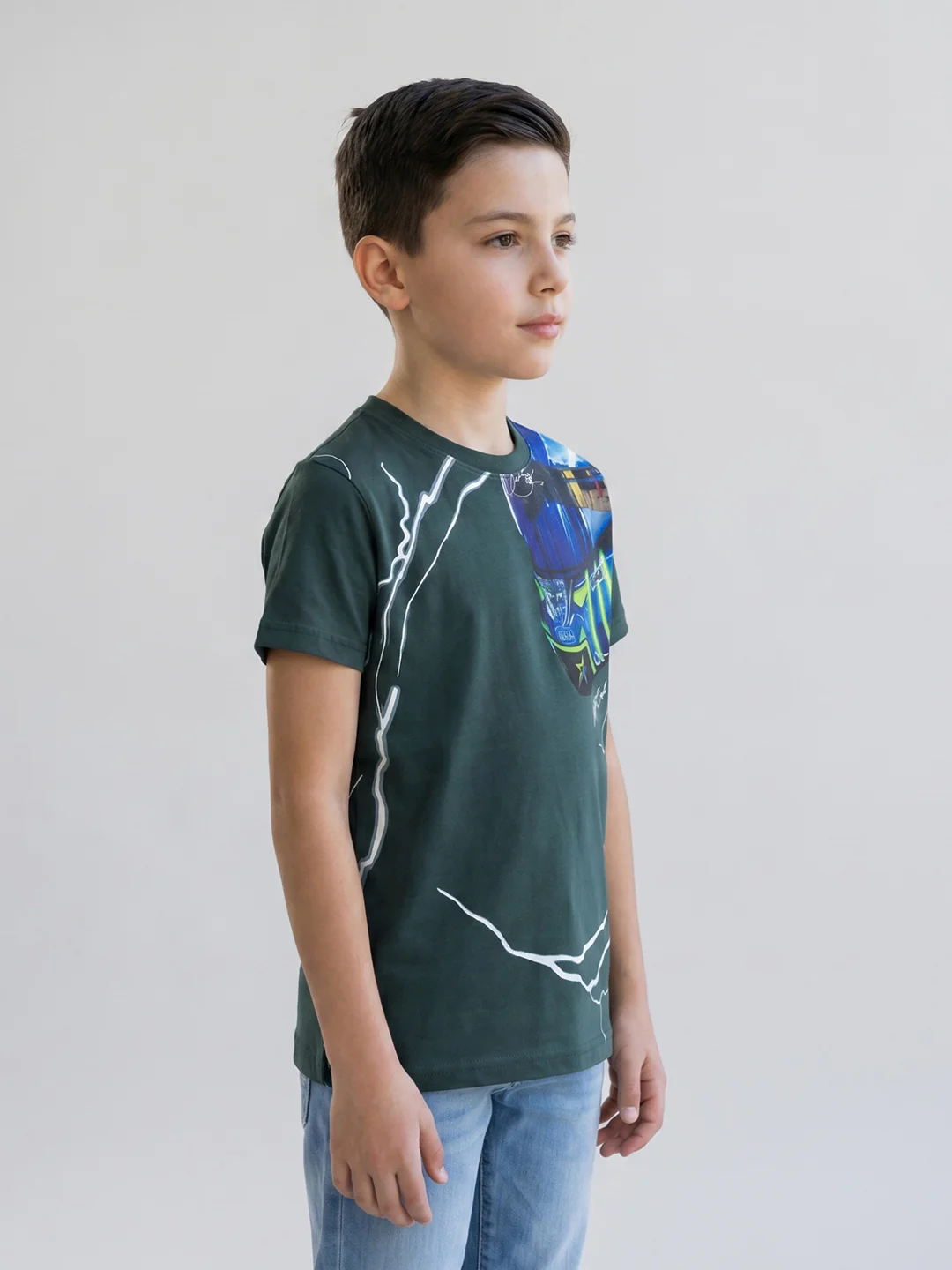 Boys Teal Blue Printed Round Neck Half Sleeve T-Shirt - Image 2