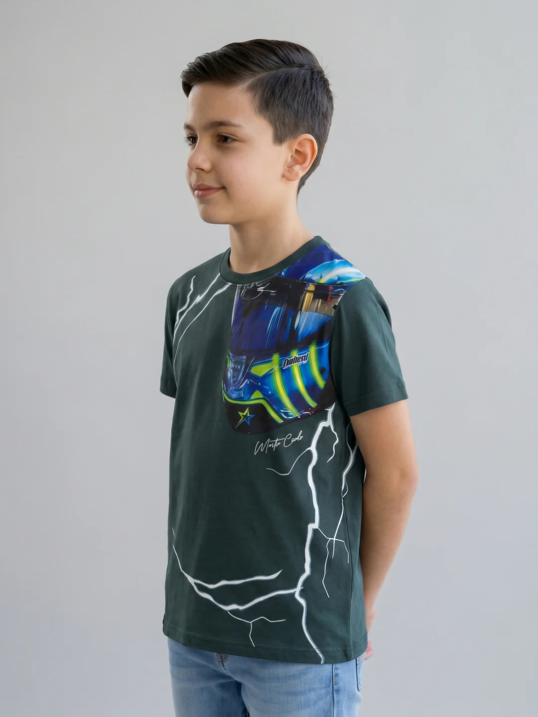 Boys Teal Blue Printed Round Neck Half Sleeve T-Shirt - Image 3