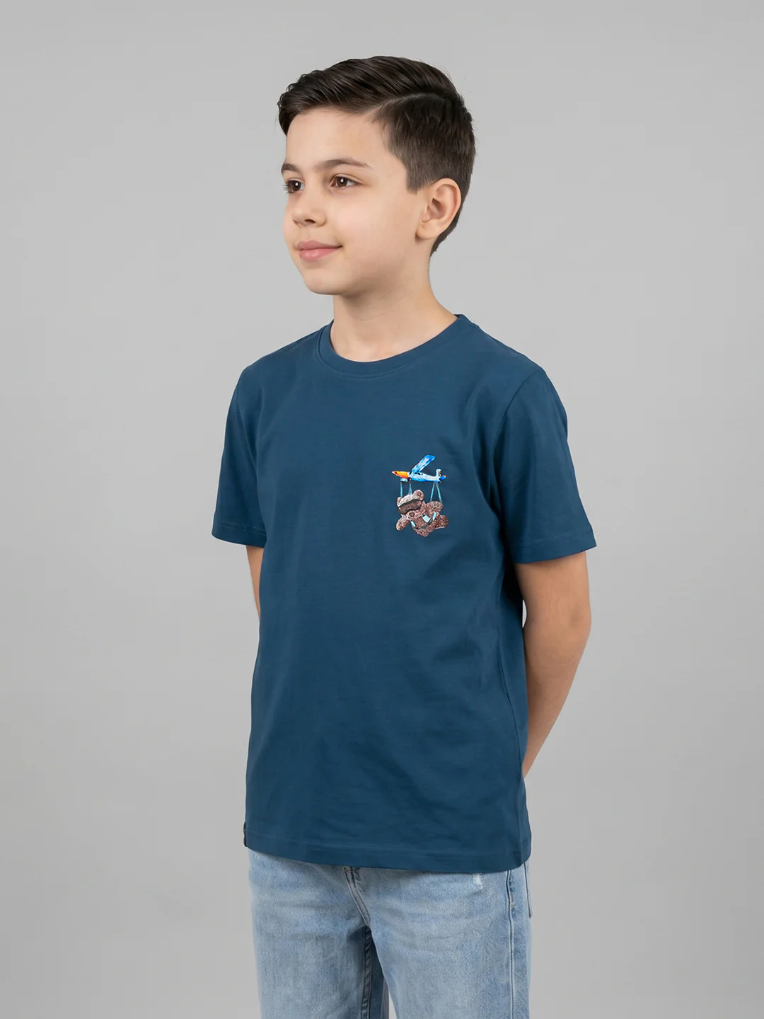 Boys Teal Blue Printed Round Neck Half Sleeve T-Shirt - Image 3