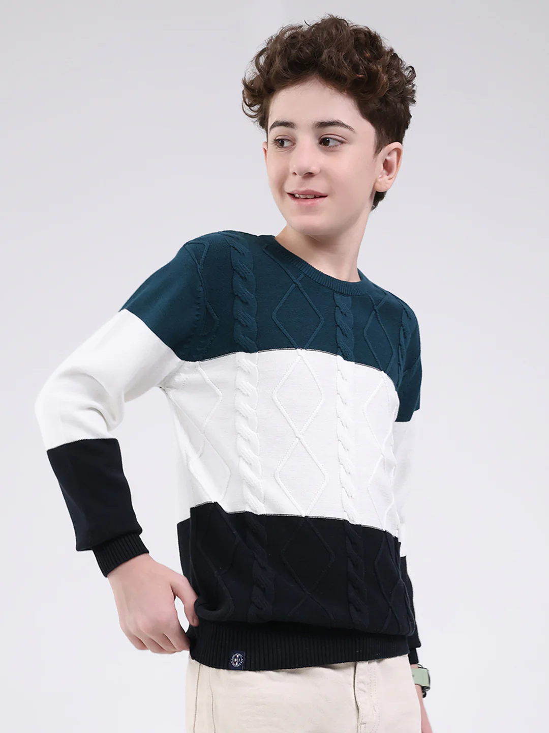 Boys Teal Blue Self Design Round Neck Full Sleeve Pullover - Image 4