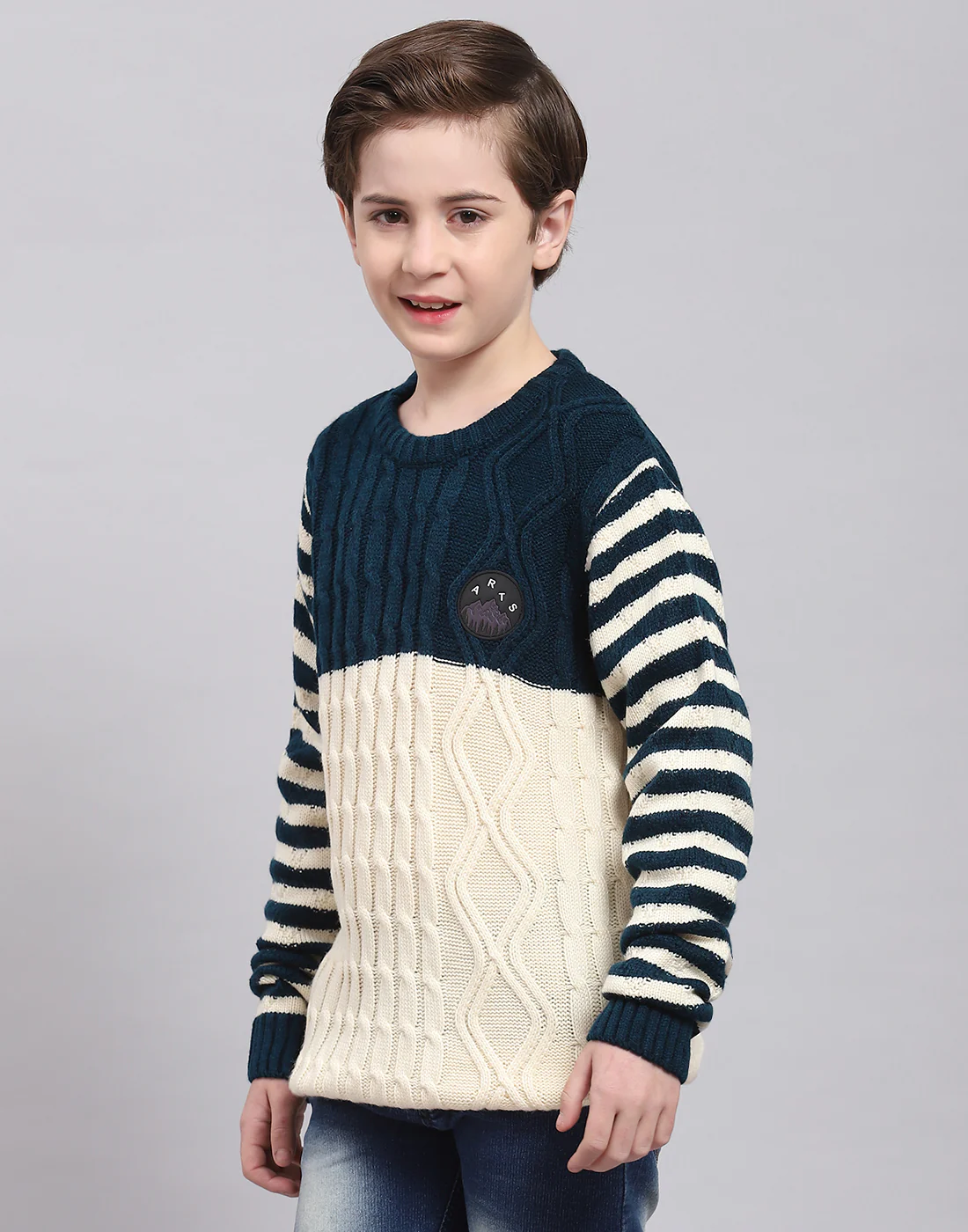 Boys Teal Blue Self Design Round Neck Full Sleeve Sweater - Image 3
